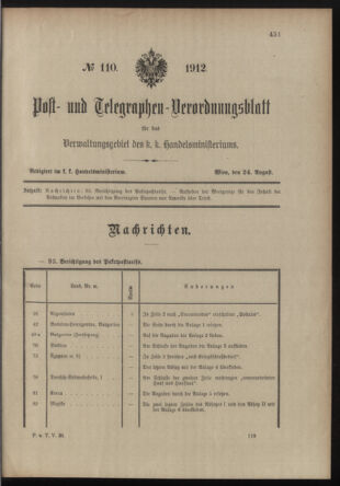 Post- und Telegraphen-Verordnungsblatt für das Verwaltungsgebiet des K.-K. Handelsministeriums 19120824 Seite: 1