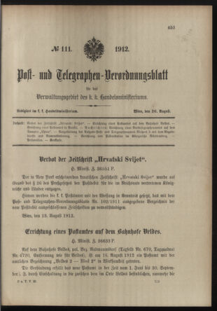 Post- und Telegraphen-Verordnungsblatt für das Verwaltungsgebiet des K.-K. Handelsministeriums 19120826 Seite: 1