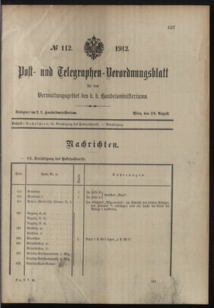 Post- und Telegraphen-Verordnungsblatt für das Verwaltungsgebiet des K.-K. Handelsministeriums 19120828 Seite: 1