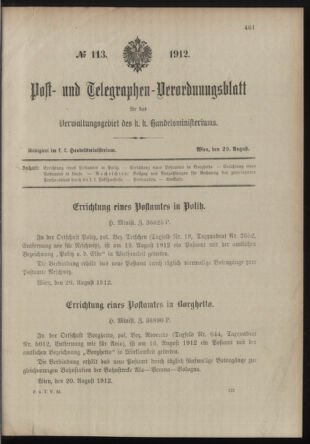 Post- und Telegraphen-Verordnungsblatt für das Verwaltungsgebiet des K.-K. Handelsministeriums 19120829 Seite: 1