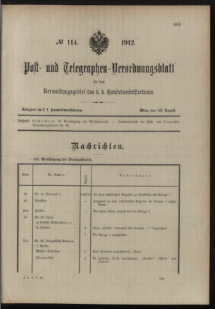 Post- und Telegraphen-Verordnungsblatt für das Verwaltungsgebiet des K.-K. Handelsministeriums 19120830 Seite: 1