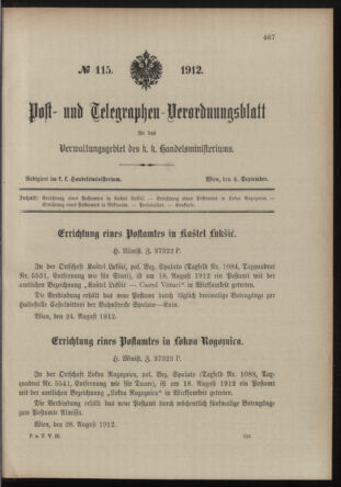 Post- und Telegraphen-Verordnungsblatt für das Verwaltungsgebiet des K.-K. Handelsministeriums 19120904 Seite: 1