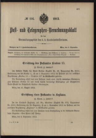 Post- und Telegraphen-Verordnungsblatt für das Verwaltungsgebiet des K.-K. Handelsministeriums 19120906 Seite: 1