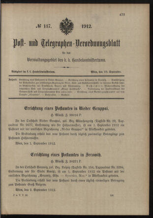 Post- und Telegraphen-Verordnungsblatt für das Verwaltungsgebiet des K.-K. Handelsministeriums 19120910 Seite: 1