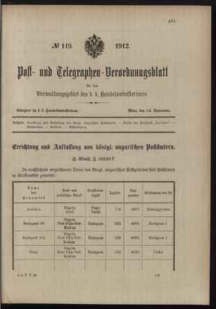 Post- und Telegraphen-Verordnungsblatt für das Verwaltungsgebiet des K.-K. Handelsministeriums 19120914 Seite: 1