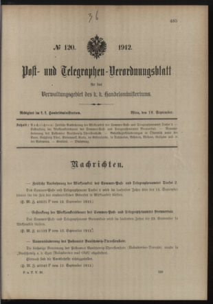 Post- und Telegraphen-Verordnungsblatt für das Verwaltungsgebiet des K.-K. Handelsministeriums 19120918 Seite: 1