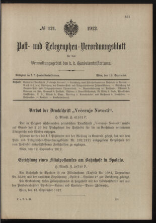 Post- und Telegraphen-Verordnungsblatt für das Verwaltungsgebiet des K.-K. Handelsministeriums 19120919 Seite: 1