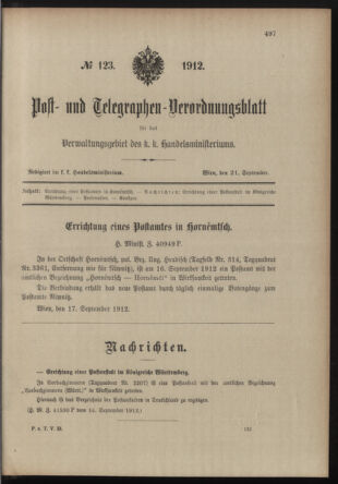 Post- und Telegraphen-Verordnungsblatt für das Verwaltungsgebiet des K.-K. Handelsministeriums 19120921 Seite: 1