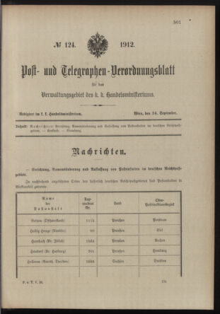 Post- und Telegraphen-Verordnungsblatt für das Verwaltungsgebiet des K.-K. Handelsministeriums 19120924 Seite: 1