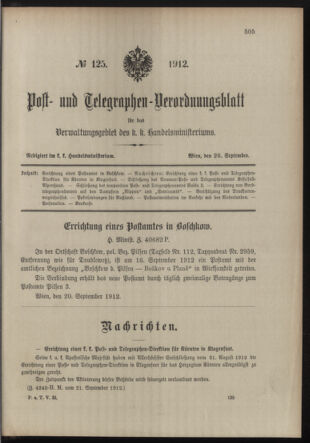 Post- und Telegraphen-Verordnungsblatt für das Verwaltungsgebiet des K.-K. Handelsministeriums 19120926 Seite: 1