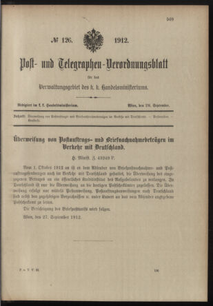 Post- und Telegraphen-Verordnungsblatt für das Verwaltungsgebiet des K.-K. Handelsministeriums 19120928 Seite: 1