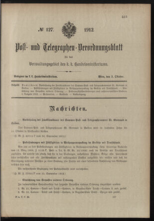 Post- und Telegraphen-Verordnungsblatt für das Verwaltungsgebiet des K.-K. Handelsministeriums 19121003 Seite: 1