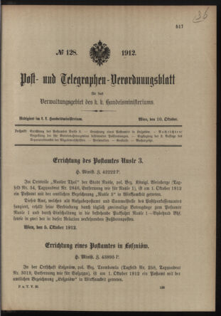 Post- und Telegraphen-Verordnungsblatt für das Verwaltungsgebiet des K.-K. Handelsministeriums 19121010 Seite: 1