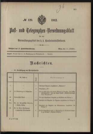 Post- und Telegraphen-Verordnungsblatt für das Verwaltungsgebiet des K.-K. Handelsministeriums 19121011 Seite: 1