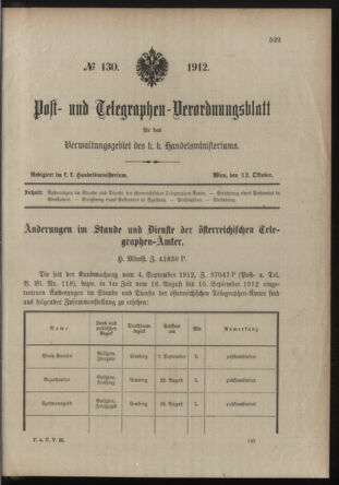 Post- und Telegraphen-Verordnungsblatt für das Verwaltungsgebiet des K.-K. Handelsministeriums 19121012 Seite: 1