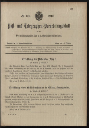 Post- und Telegraphen-Verordnungsblatt für das Verwaltungsgebiet des K.-K. Handelsministeriums 19121016 Seite: 1