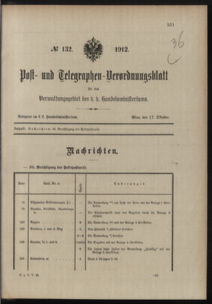 Post- und Telegraphen-Verordnungsblatt für das Verwaltungsgebiet des K.-K. Handelsministeriums 19121017 Seite: 1