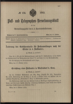 Post- und Telegraphen-Verordnungsblatt für das Verwaltungsgebiet des K.-K. Handelsministeriums 19121019 Seite: 1