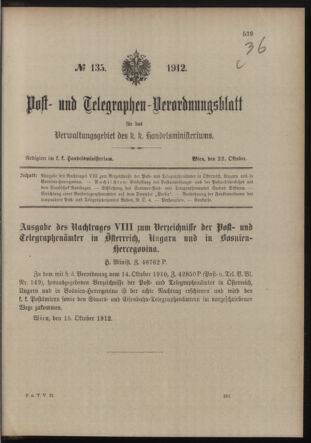 Post- und Telegraphen-Verordnungsblatt für das Verwaltungsgebiet des K.-K. Handelsministeriums 19121022 Seite: 1