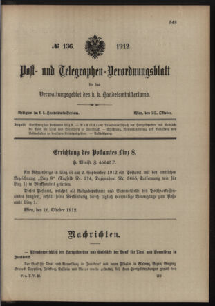 Post- und Telegraphen-Verordnungsblatt für das Verwaltungsgebiet des K.-K. Handelsministeriums 19121023 Seite: 1