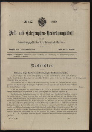 Post- und Telegraphen-Verordnungsblatt für das Verwaltungsgebiet des K.-K. Handelsministeriums 19121025 Seite: 1