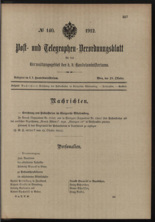 Post- und Telegraphen-Verordnungsblatt für das Verwaltungsgebiet des K.-K. Handelsministeriums 19121029 Seite: 1