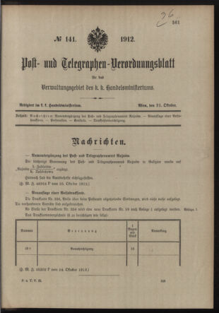 Post- und Telegraphen-Verordnungsblatt für das Verwaltungsgebiet des K.-K. Handelsministeriums 19121031 Seite: 1