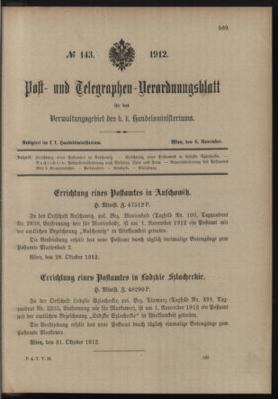 Post- und Telegraphen-Verordnungsblatt für das Verwaltungsgebiet des K.-K. Handelsministeriums 19121106 Seite: 1