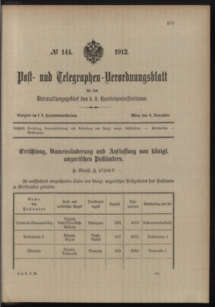 Post- und Telegraphen-Verordnungsblatt für das Verwaltungsgebiet des K.-K. Handelsministeriums 19121108 Seite: 1