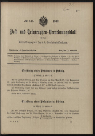 Post- und Telegraphen-Verordnungsblatt für das Verwaltungsgebiet des K.-K. Handelsministeriums 19121111 Seite: 1