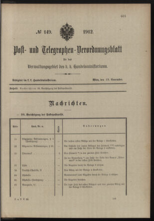 Post- und Telegraphen-Verordnungsblatt für das Verwaltungsgebiet des K.-K. Handelsministeriums 19121119 Seite: 1