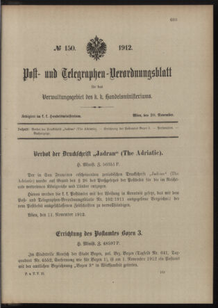 Post- und Telegraphen-Verordnungsblatt für das Verwaltungsgebiet des K.-K. Handelsministeriums 19121120 Seite: 1