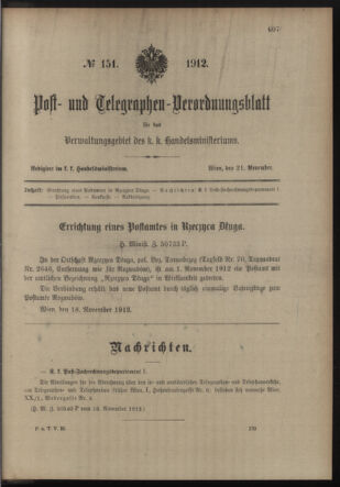 Post- und Telegraphen-Verordnungsblatt für das Verwaltungsgebiet des K.-K. Handelsministeriums 19121121 Seite: 1