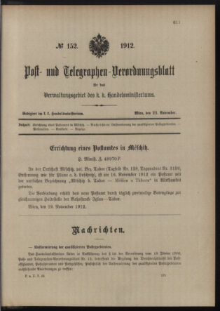 Post- und Telegraphen-Verordnungsblatt für das Verwaltungsgebiet des K.-K. Handelsministeriums 19121123 Seite: 1