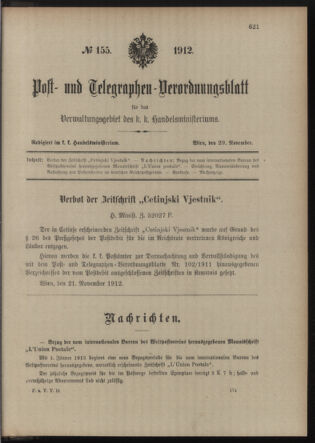 Post- und Telegraphen-Verordnungsblatt für das Verwaltungsgebiet des K.-K. Handelsministeriums 19121129 Seite: 1