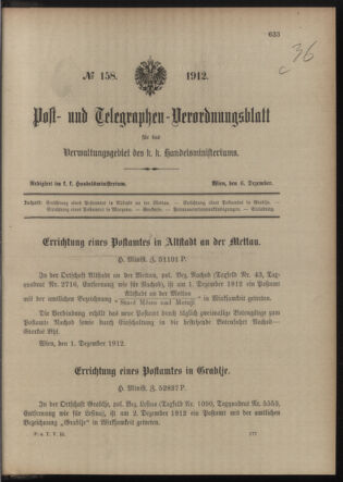 Post- und Telegraphen-Verordnungsblatt für das Verwaltungsgebiet des K.-K. Handelsministeriums 19121206 Seite: 1