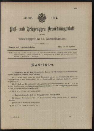 Post- und Telegraphen-Verordnungsblatt für das Verwaltungsgebiet des K.-K. Handelsministeriums 19121230 Seite: 1