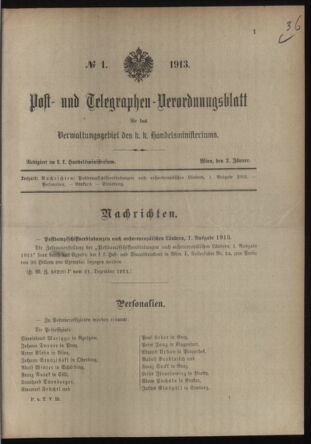 Post- und Telegraphen-Verordnungsblatt für das Verwaltungsgebiet des K.-K. Handelsministeriums 19130102 Seite: 1