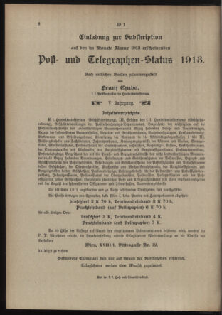 Post- und Telegraphen-Verordnungsblatt für das Verwaltungsgebiet des K.-K. Handelsministeriums 19130102 Seite: 8