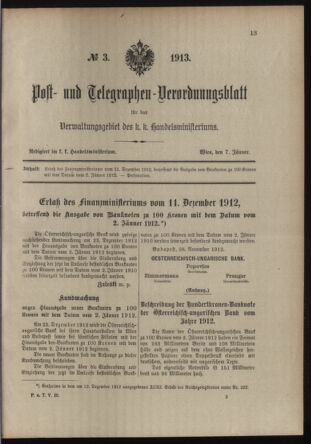 Post- und Telegraphen-Verordnungsblatt für das Verwaltungsgebiet des K.-K. Handelsministeriums 19130107 Seite: 1