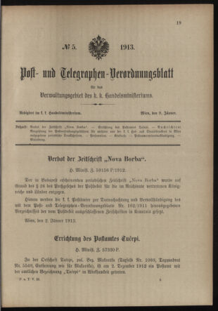 Post- und Telegraphen-Verordnungsblatt für das Verwaltungsgebiet des K.-K. Handelsministeriums 19130109 Seite: 1