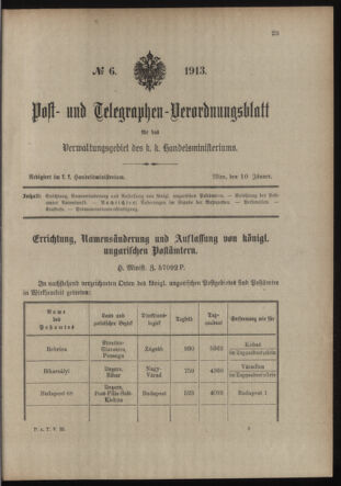 Post- und Telegraphen-Verordnungsblatt für das Verwaltungsgebiet des K.-K. Handelsministeriums 19130110 Seite: 1