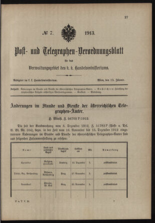 Post- und Telegraphen-Verordnungsblatt für das Verwaltungsgebiet des K.-K. Handelsministeriums 19130115 Seite: 1