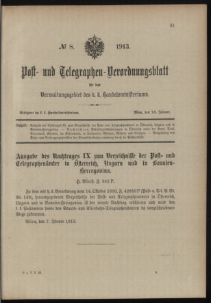 Post- und Telegraphen-Verordnungsblatt für das Verwaltungsgebiet des K.-K. Handelsministeriums 19130116 Seite: 1