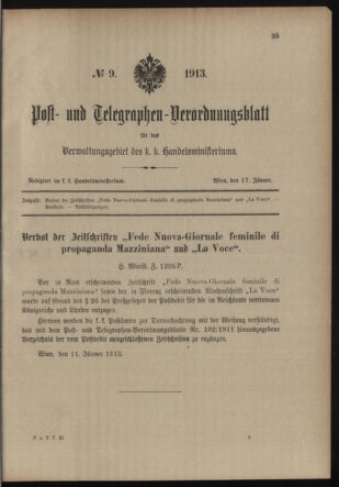 Post- und Telegraphen-Verordnungsblatt für das Verwaltungsgebiet des K.-K. Handelsministeriums 19130117 Seite: 1