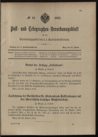 Post- und Telegraphen-Verordnungsblatt für das Verwaltungsgebiet des K.-K. Handelsministeriums 19130125 Seite: 1