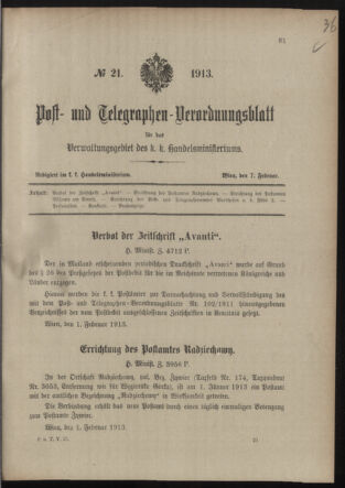 Post- und Telegraphen-Verordnungsblatt für das Verwaltungsgebiet des K.-K. Handelsministeriums 19130207 Seite: 1