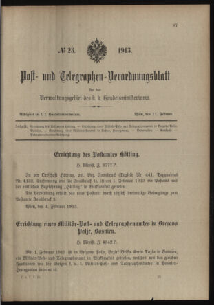 Post- und Telegraphen-Verordnungsblatt für das Verwaltungsgebiet des K.-K. Handelsministeriums 19130211 Seite: 1