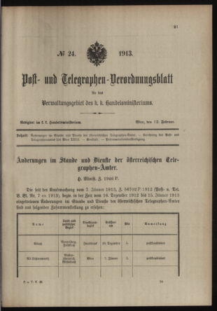 Post- und Telegraphen-Verordnungsblatt für das Verwaltungsgebiet des K.-K. Handelsministeriums 19130213 Seite: 1