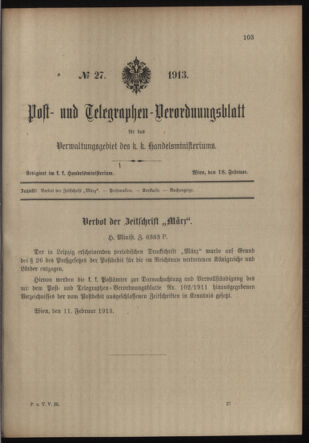 Post- und Telegraphen-Verordnungsblatt für das Verwaltungsgebiet des K.-K. Handelsministeriums 19130218 Seite: 1